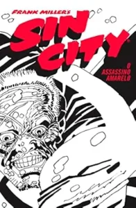 Capa da HQ Sin City: O Assassino Amarelo, obra de Frank Miller, com arte em preto e branco e título em vermelho.