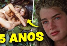 Imagem mostra Brooke Shields adolescente em cena controversa de A Lagoa Azul, destacando a problemática das crianças adultizadas do cinema e TV.