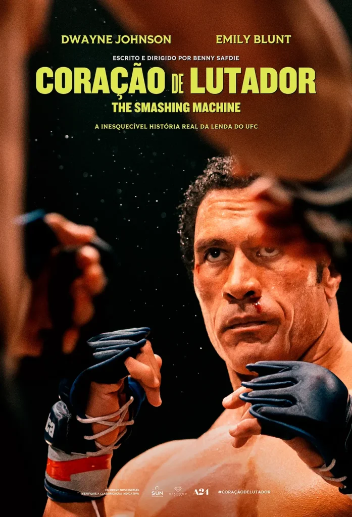 Pôster oficial de Coração de Lutador – The Smashing Machine (2025), estrelado por Dwayne Johnson e Emily Blunt.