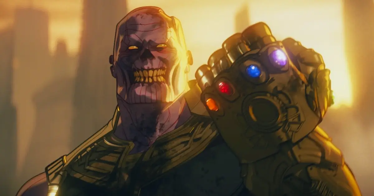Thanos zumbi com a Manopla do Infinito em cena de Marvel Zumbis, minissérie animada da Marvel no Disney+.