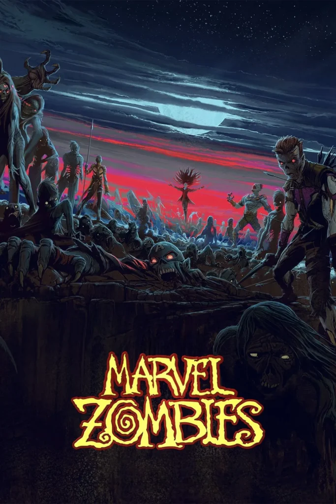 marvel zombies serie poster Pôster oficial da minissérie animada Marvel Zumbis da Marvel Studios no Disney+, com heróis e vilões zumbificados.
