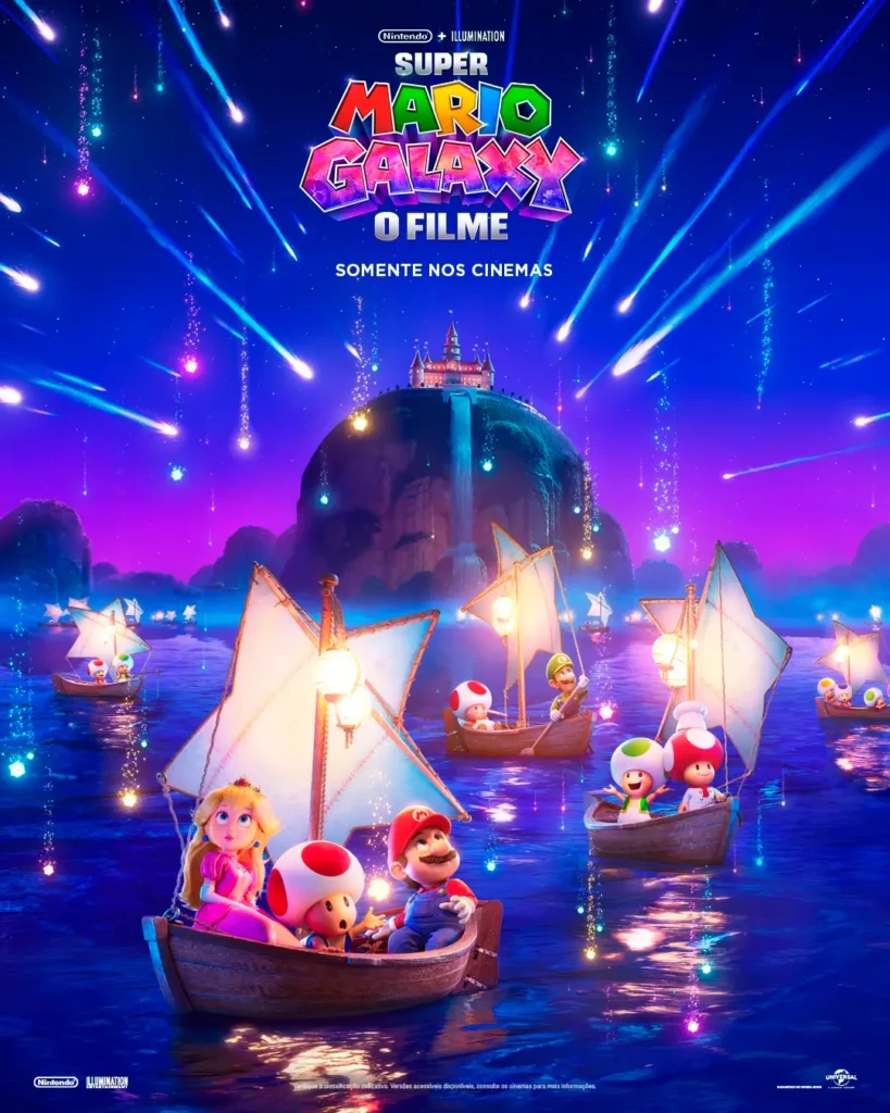poster de super mario galaxy o filme Pôster oficial de Super Mario Galaxy: O Filme mostrando Mario, Princesa Peach e Toads navegando sob um céu estrelado, com o castelo ao fundo, em destaque no trailer de Super Mario Galaxy.