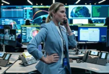 Rebecca Ferguson como Olivia Walker em centro de comando high-tech em Casa de Dinamite da Netflix, falando ao telefone em ambiente com múltiplas telas e tecnologia avançada