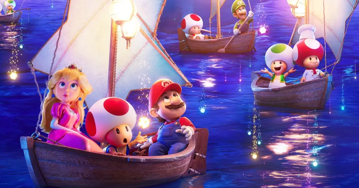 Cena colorida do trailer de Super Mario Galaxy, mostrando Mario, Princesa Peach e Toads navegando em barcos iluminados sob um céu estrelado no novo filme da Universal Pictures, com estreia em 3 de abril de 2026.