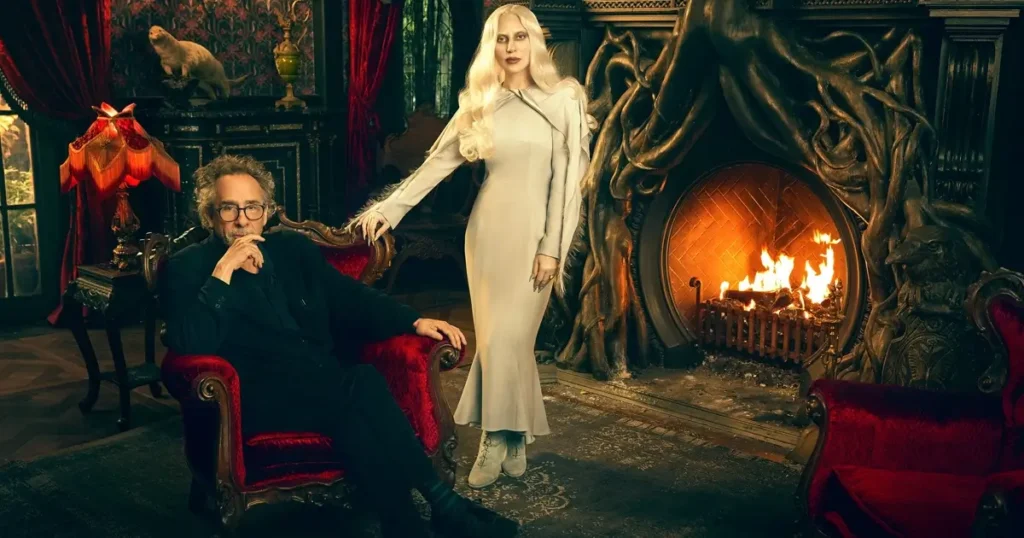tim burton e lady gaga Tim Burton e Lady Gaga em foto promocional do clipe The Dead Dance, parte da trilha sonora da segunda temporada de Wandinha.