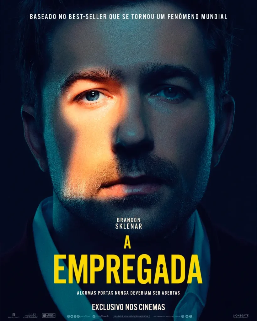 a empregada brandon sklenar poster Pôster oficial do filme A Empregada com Brandon Sklenar em close sob iluminação dramática