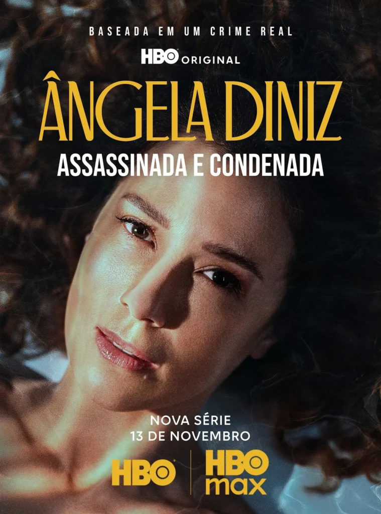 Marjorie Estiano como Ângela Diniz no pôster da minissérie Ângela Diniz: Assassinada e Condenada, produção da HBO Max dirigida por Andrucha Waddington.