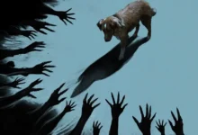 bom menino 2025 Pôster do filme Bom Menino (Good Boy) 2025, de Ben Leonberg, com o cão Indy e sombras de mãos demoníacas.