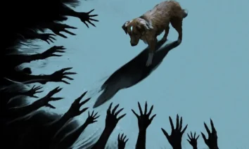 Pôster do filme Bom Menino (Good Boy) 2025, de Ben Leonberg, com o cão Indy e sombras de mãos demoníacas.