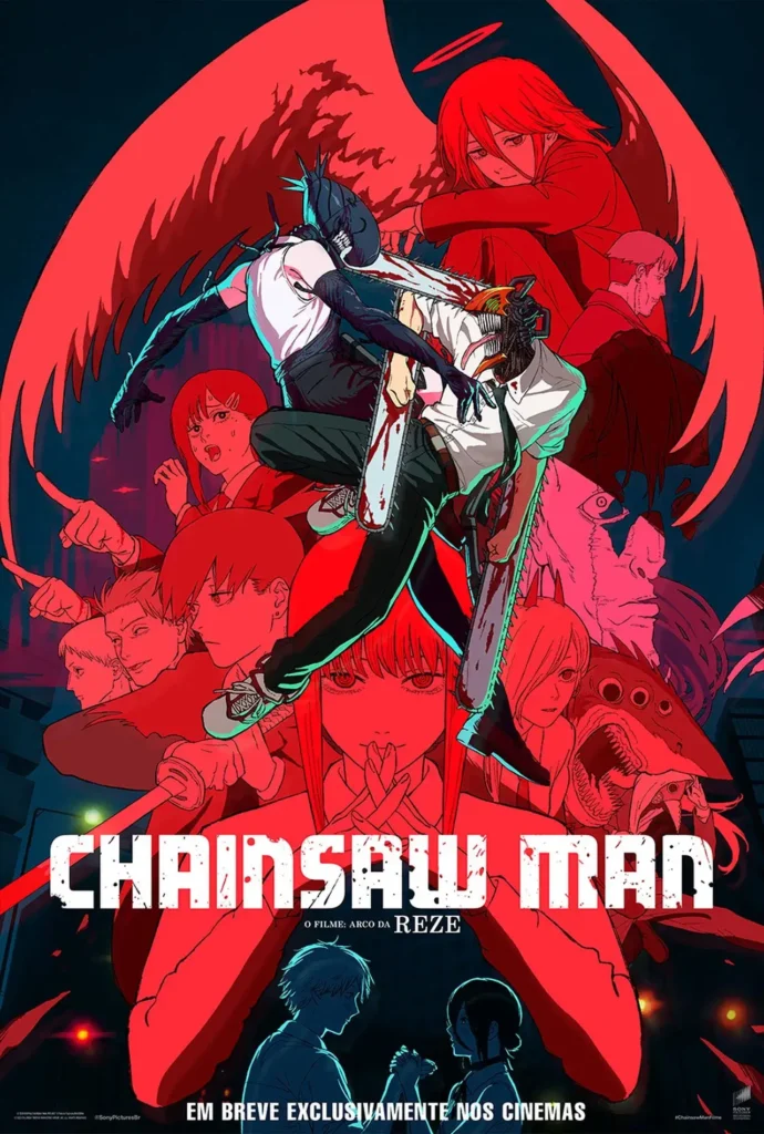 chainsaw man o filme arco da reze poster Pôster oficial de Chainsaw Man – O Filme: Arco da Reze, destacando Denji em forma de Chainsaw Man e Reze ao fundo, com outros personagens em tons de vermelho.