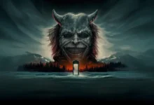 Cena promocional de O Telefone Preto 2, destaque entre as estreias de 16 de outubro de 2025 nos cinemas, mostrando uma figura demoníaca sombria e uma cabine telefônica iluminada em meio a uma paisagem misteriosa.