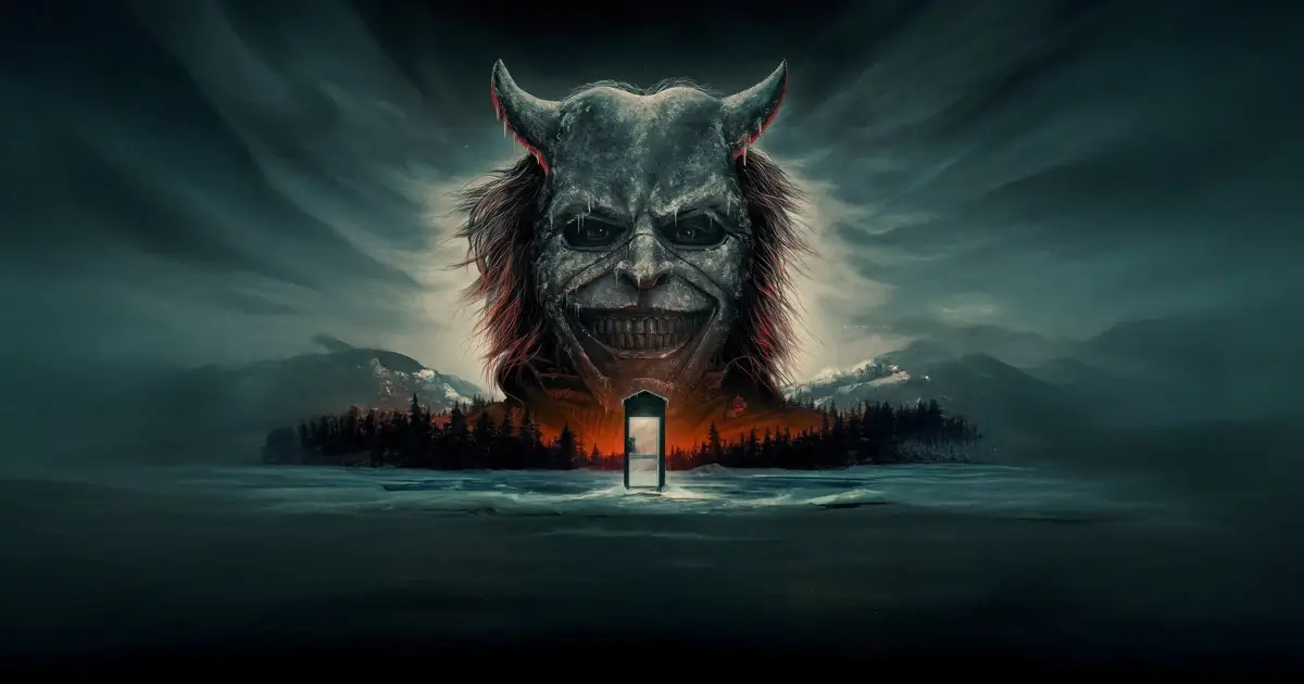 Cena promocional de O Telefone Preto 2, destaque entre as estreias de 16 de outubro de 2025 nos cinemas, mostrando uma figura demoníaca sombria e uma cabine telefônica iluminada em meio a uma paisagem misteriosa.