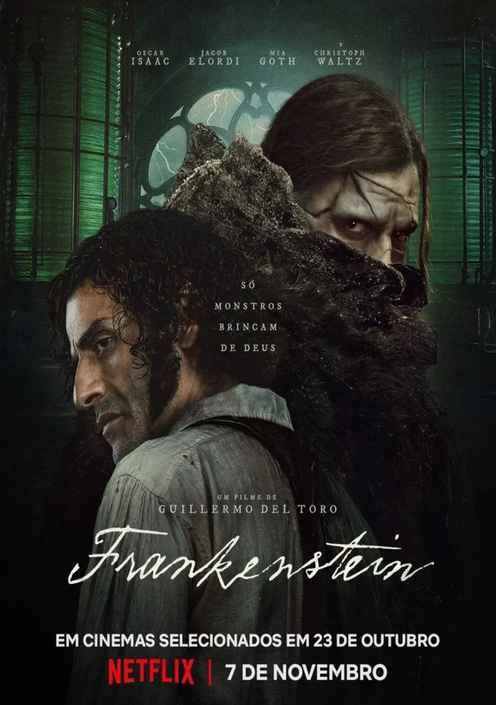 poster de frankenstein Pôster oficial de Frankenstein (2025) mostra Oscar Isaac como Victor Frankenstein e Jacob Elordi como a Criatura, no trailer final de Frankenstein de Guillermo del Toro