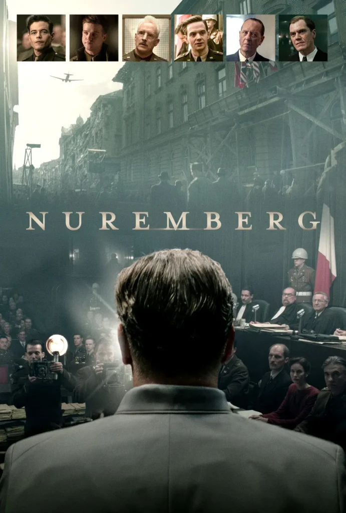 Pôster oficial do filme Nuremberg (2025) mostra sala de julgamento histórica com Rami Malek, Russell Crowe e Michael Shannon