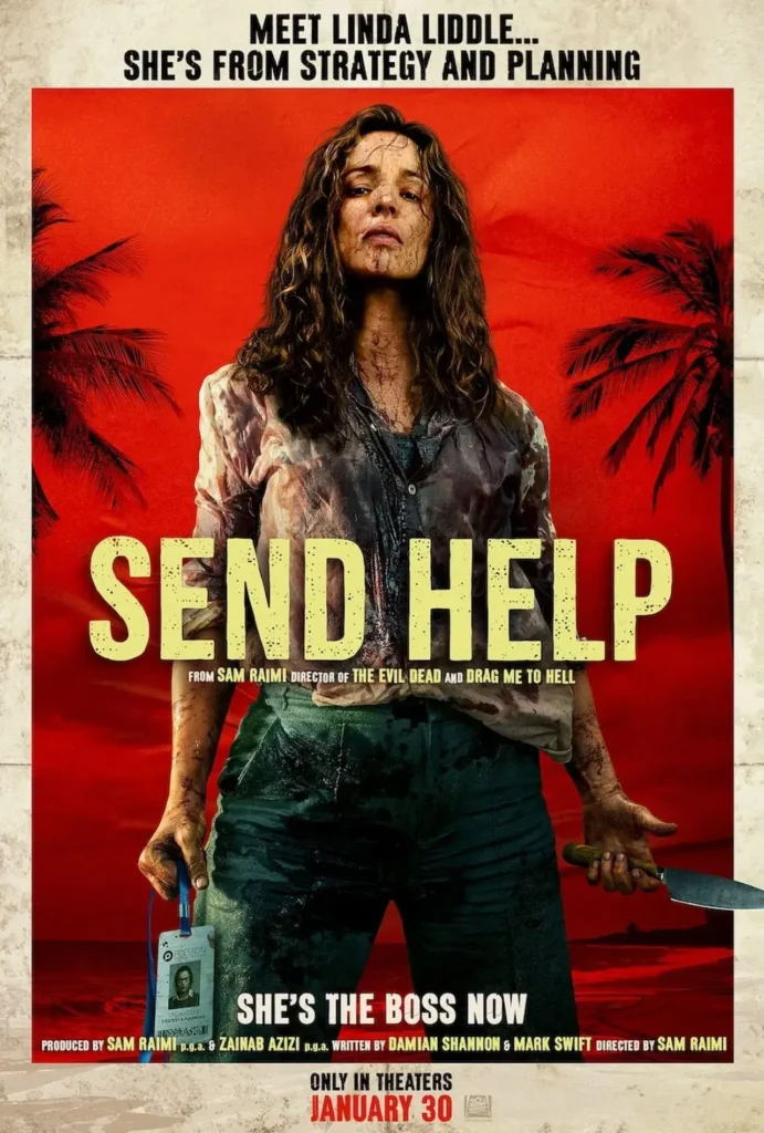 Pôster oficial do filme Socorro! (Send Help, 2026), dirigido por Sam Raimi e estrelado por Rachel McAdams, com a personagem coberta de sangue segurando uma faca.
