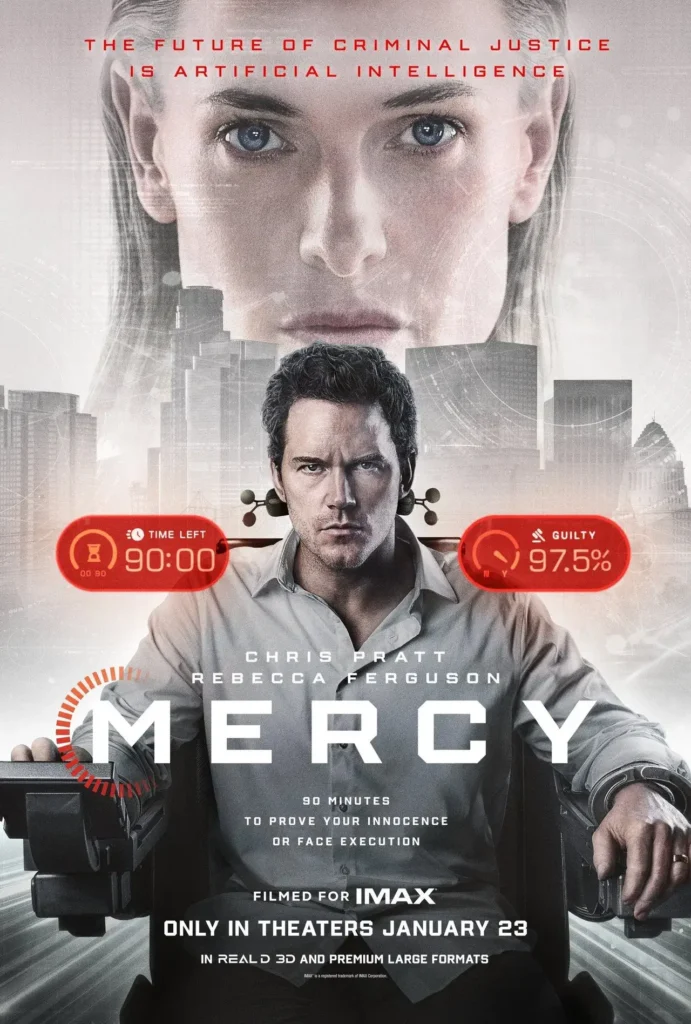 Pôster oficial do trailer de Justiça Artificial (Mercy) com Chris Pratt e Rebecca Ferguson - estreia janeiro 2026
