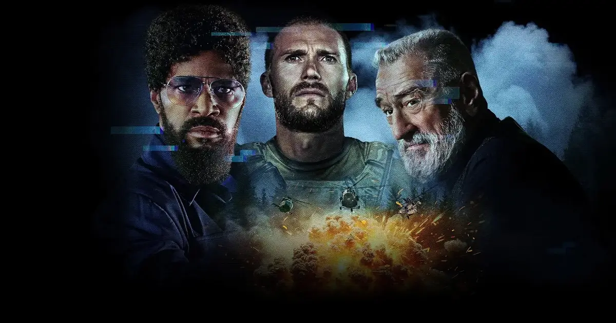 Pôster vertical do filme de ação Soldado de Chumbo (Tin Soldier). Na imagem, em um fundo escuro e em meio a uma explosão no centro inferior, estão em destaque e justapostos os atores principais: à esquerda, Jamie Foxx, de barba e óculos; ao centro, Scott Eastwood, com expressão intensa e vestimenta militar; e à direita, Robert De Niro, com barba grisalha e olhar focado. Uma névoa ou fumaça envolve os personagens, com efeitos de falha digital (glitch) azul e vermelho na parte superior. A imagem evoca ação, suspense e a presença de três grandes estrelas de Hollywood.