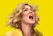 Arte de divulgação mostra Rhea Seehorn em Pluribus, nova série de Vince Gilligan que estreia em 7 de novembro de 2025 na Apple TV