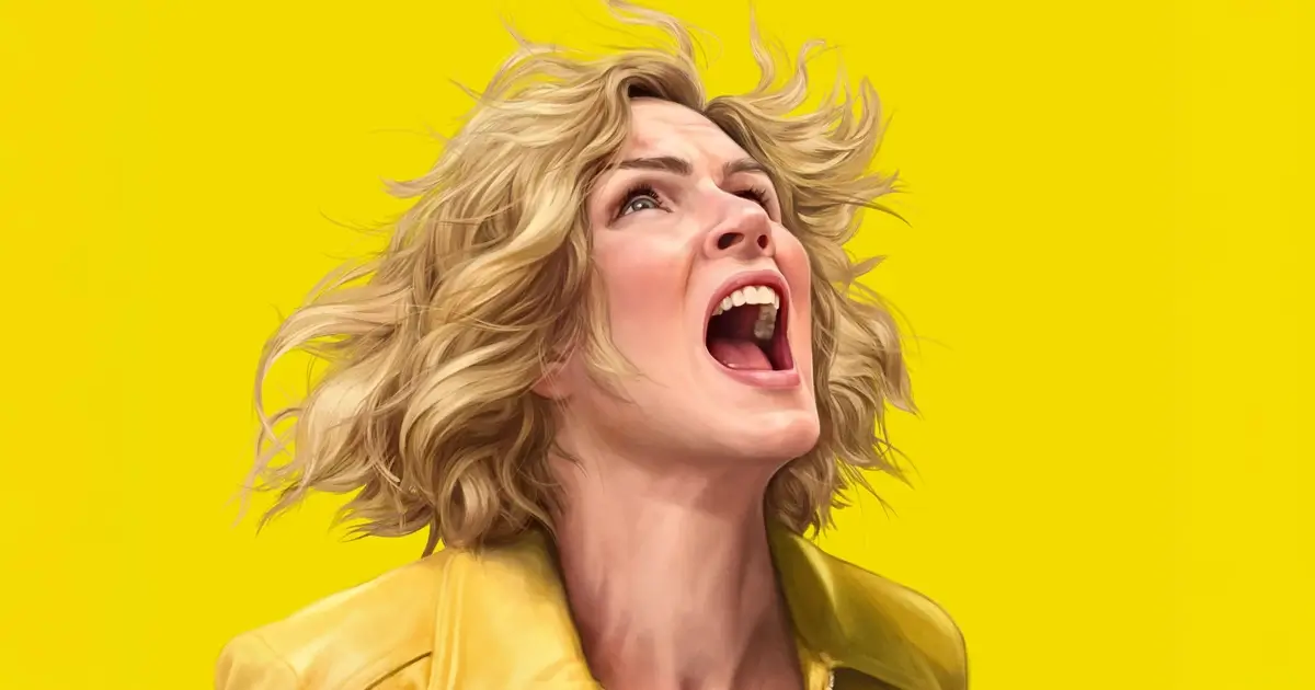 Arte de divulgação mostra Rhea Seehorn em Pluribus, nova série de Vince Gilligan que estreia em 7 de novembro de 2025 na Apple TV