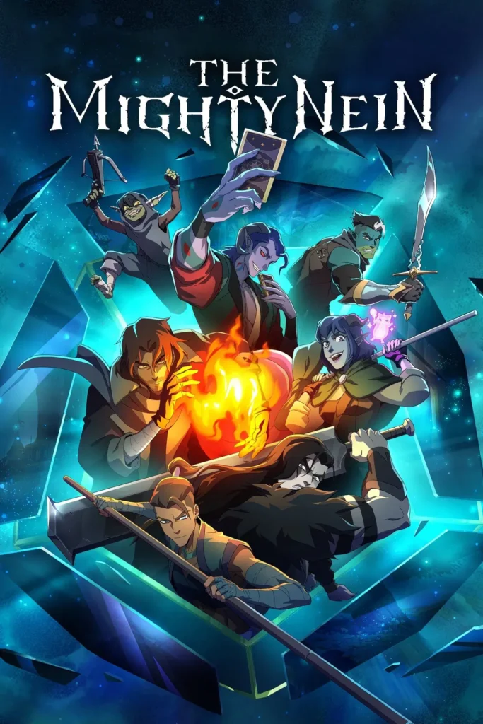 the mighty nein poster Pôster oficial de The Mighty Nein, série animada do Prime Video com estreia em 19 de novembro, mostrando o grupo de aventureiros em um cenário mágico azul.
