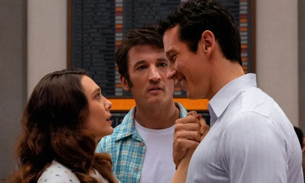 trailer de eternidade Elizabeth Olsen, Miles Teller e Callum Turner em cena do filme Eternidade (2025), romance fantástico da A24 dirigido por David Freyne.