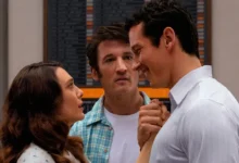 Elizabeth Olsen, Miles Teller e Callum Turner em cena do filme Eternidade (2025), romance fantástico da A24 dirigido por David Freyne.