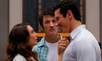 Elizabeth Olsen, Miles Teller e Callum Turner em cena do filme Eternidade (2025), romance fantástico da A24 dirigido por David Freyne.