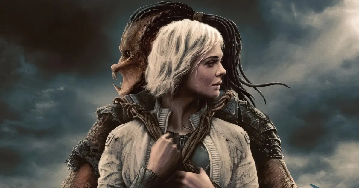 Elle Fanning em cena de Predador: Terras Selvagens (2025), novo filme da franquia de ação e ficção científica.