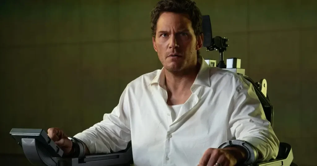 Chris Pratt sentado em cadeira de interrogatório em cena do trailer de Justiça Artificial (Mercy, 2026)