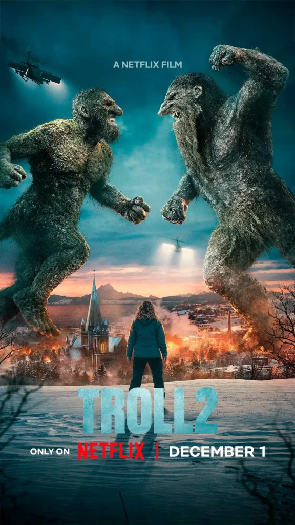 troll 2 poster Pôster oficial de Troll 2 mostrando duas criaturas trolls gigantes em confronto no céu sobre uma cidade norueguesa em chamas, com a protagonista Nora observando a batalha, helicópteros militares ao fundo e data de estreia 1º de dezembro na Netflix