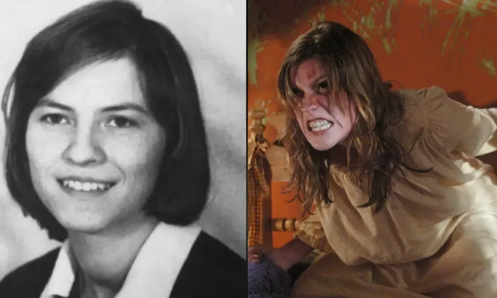 : Foto de Anneliese Michel ao lado da atriz possuída no filme O Exorcismo de Emily Rose, destacando a comparação entre o caso real e a versão fictícia.