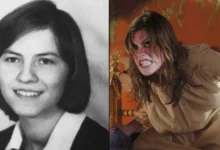 : Foto de Anneliese Michel ao lado da atriz possuída no filme O Exorcismo de Emily Rose, destacando a comparação entre o caso real e a versão fictícia.