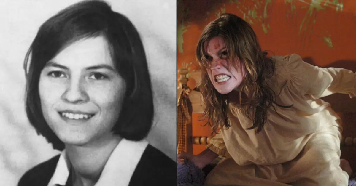 caso real de emily rose : Foto de Anneliese Michel ao lado da atriz possuída no filme O Exorcismo de Emily Rose, destacando a comparação entre o caso real e a versão fictícia.