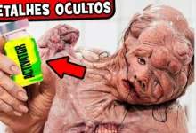 Cena do filme A Substância (2024) mostrando personagem deformado segurando frasco com líquido verde fluorescente rotulado como “Activator”, destaque entre os detalhes que você perdeu em A Substância.