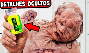 Cena do filme A Substância (2024) mostrando personagem deformado segurando frasco com líquido verde fluorescente rotulado como “Activator”, destaque entre os detalhes que você perdeu em A Substância.