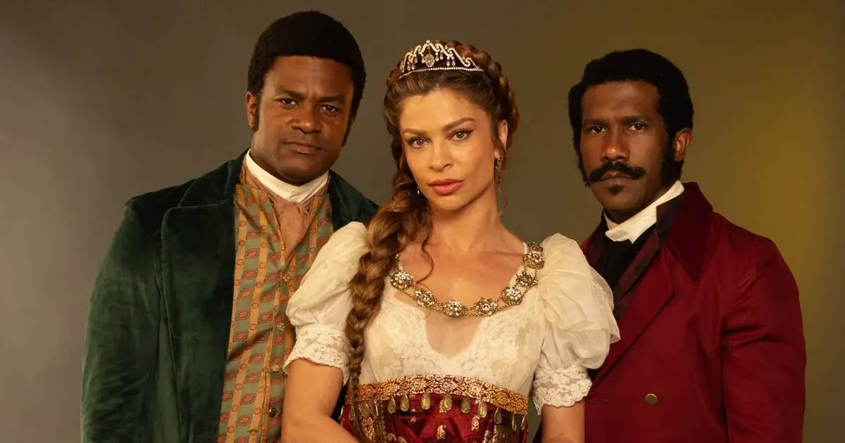 Atores André Luiz Miranda, Grazi Massafera e David Junior caracterizados na novela Dona Beja (2026), da HBO Max.