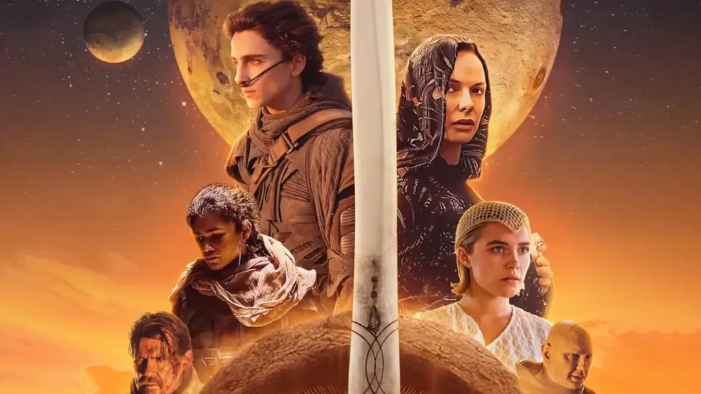 Poster épico com elenco de Duna Messias mostrando Timothée Chalamet, Zendaya, Florence Pugh e mais contra luas douradas de Arrakis, filme de Duna em 2026