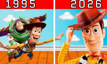 Comparação entre Woody e Buzz em 1995 e Woody em 2026, ilustrando a evolução dos efeitos especiais em Toy Story com avanços em texturas, iluminação e renderização.