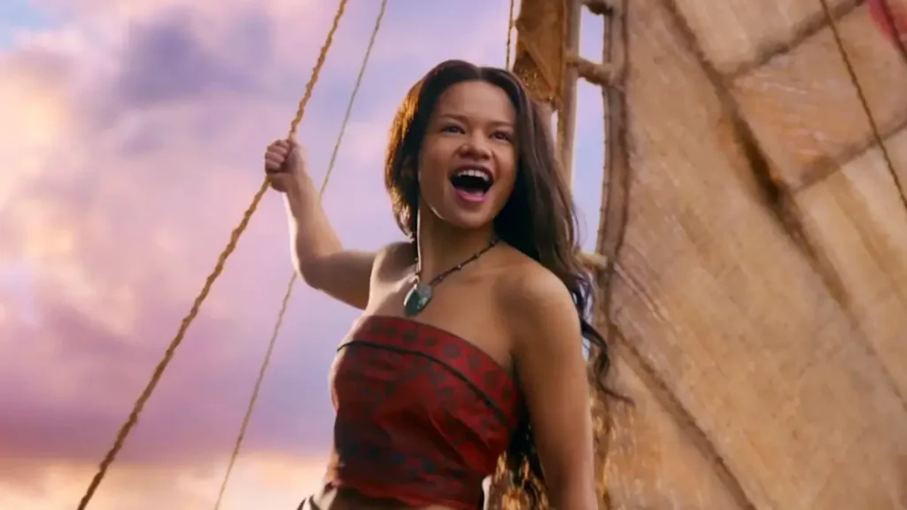 Catherine Laga’aia como Moana em cena navegando no oceano, imagem do live action que é um dos filmes da Disney em 2026.
