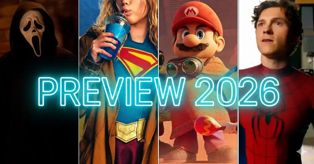 Montagem com quatro cenas de filmes 2026: máscara Ghostface de Pânico 7, Supergirl com uniforme azul segurando copo, Mario com óculos de aventureiro em Super Mario Galaxy O Filme, e Homem-Aranha com traje vermelho e azul em Um Novo Dia