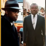 Colagem com quatro painéis: símbolo de punho erguido em fundo dourado representando resistência negra, Denzel Washington como Malcolm X de chapéu e casaco, David Oyelowo como Martin Luther King Jr. em Selma marchando de terno, e Angela Bassett interpretando Rosa Parks sentada no ônibus. Filmes sobre a Consciência Negra