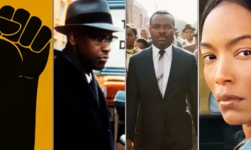 Colagem com quatro painéis: símbolo de punho erguido em fundo dourado representando resistência negra, Denzel Washington como Malcolm X de chapéu e casaco, David Oyelowo como Martin Luther King Jr. em Selma marchando de terno, e Angela Bassett interpretando Rosa Parks sentada no ônibus. Filmes sobre a Consciência Negra
