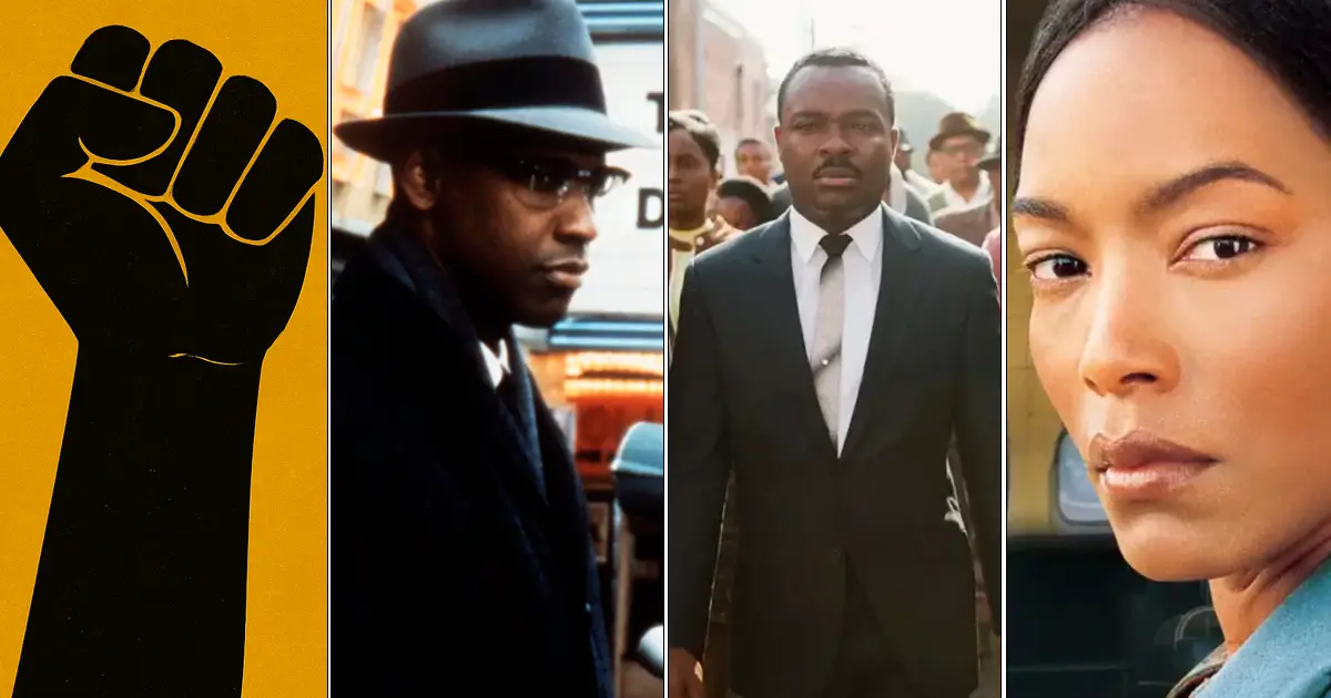 filmes sobre a consciencia negra Colagem com quatro painéis: símbolo de punho erguido em fundo dourado representando resistência negra, Denzel Washington como Malcolm X de chapéu e casaco, David Oyelowo como Martin Luther King Jr. em Selma marchando de terno, e Angela Bassett interpretando Rosa Parks sentada no ônibus. Filmes sobre a Consciência Negra