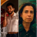 Montagem com cenas de filmes sobre a ditadura militar no Brasil, incluindo produções como Cabra Marcado para Morrer, Ainda Estou Aqui e Zuzu Angel, que retratam a repressão, a censura e a resistência política durante o regime militar entre 1964 e 1985.