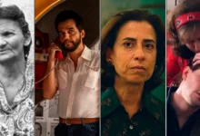 Montagem com cenas de filmes sobre a ditadura militar no Brasil, incluindo produções como Cabra Marcado para Morrer, Ainda Estou Aqui e Zuzu Angel, que retratam a repressão, a censura e a resistência política durante o regime militar entre 1964 e 1985.