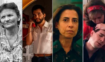 Montagem com cenas de filmes sobre a ditadura militar no Brasil, incluindo produções como Cabra Marcado para Morrer, Ainda Estou Aqui e Zuzu Angel, que retratam a repressão, a censura e a resistência política durante o regime militar entre 1964 e 1985.