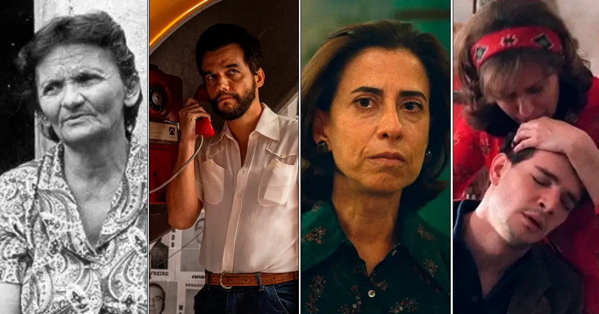 filmes sobre a ditadura militar Montagem com cenas de filmes sobre a ditadura militar no Brasil, incluindo produções como Cabra Marcado para Morrer, Ainda Estou Aqui e Zuzu Angel, que retratam a repressão, a censura e a resistência política durante o regime militar entre 1964 e 1985.