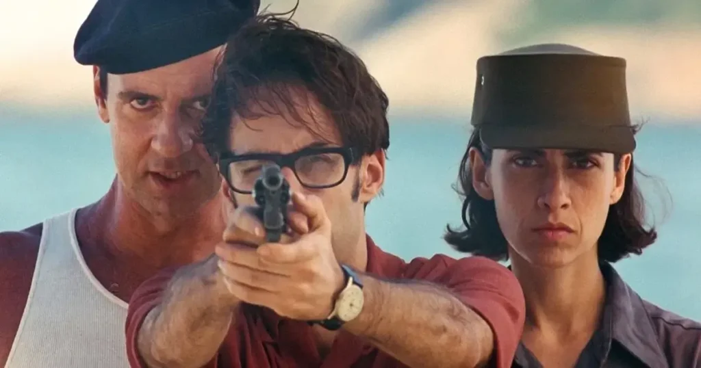 Luiz Fernando Guimarães, Pedro Cardoso e Fernanda Torres em cena de O Que É Isso, Companheiro?, filme sobre luta armada e sequestro do embaixador americano