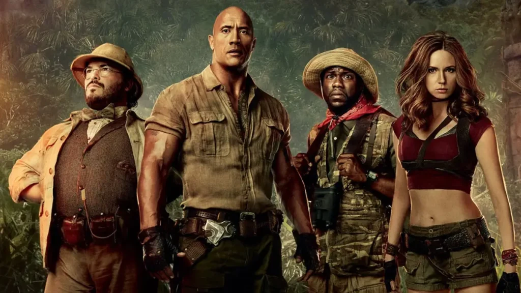 Dwayne Johnson, Jack Black, Kevin Hart e Karen Gillan em trajes de aventura na selva em Jumanji 3, um dos filmes da Sony em 2026