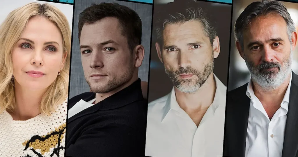 Elenco de APEX com Charlize Theron, Taron Egerton, Eric Bana e diretor Baltasar Kormákur em mosaico fotográfico do filme de ação da Netflix em 2026